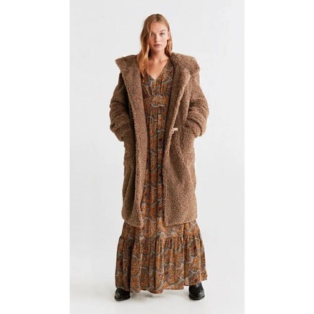 Mango Renne Brown Teddy Shearling Coat Hooded Coat toggle closure sz XS - Picture 4 of 14